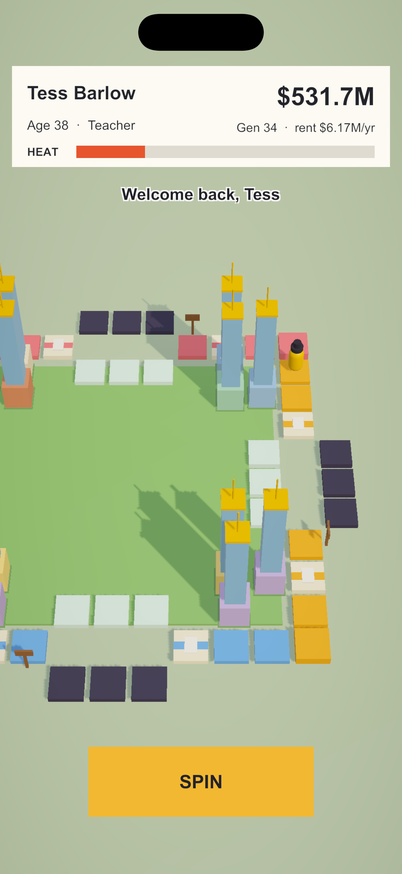 A three-dimensional town with towers, surrounded by a road of colored tiles